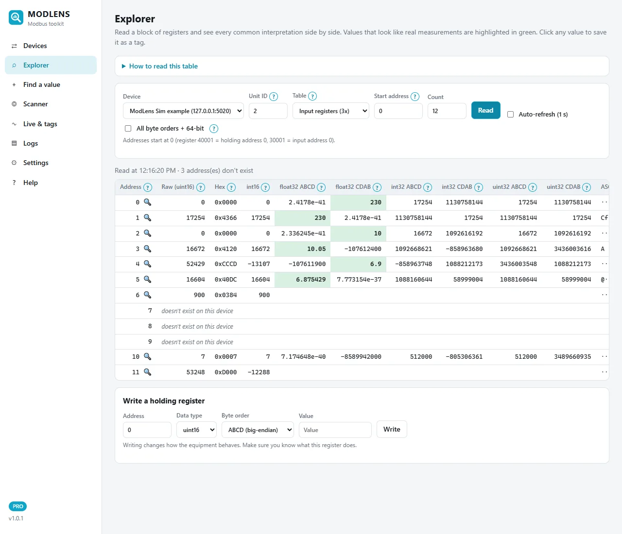 ModLens Explorer reading input registers 0 to 11 of the power meter on unit 2: float32 CDAB shows 230 at address 0, 10 at address 2 and 6.9 at address 4, address 6 raw 900, addresses 7 to 9 do not exist, and uint32 ABCD shows 512000 at address 10