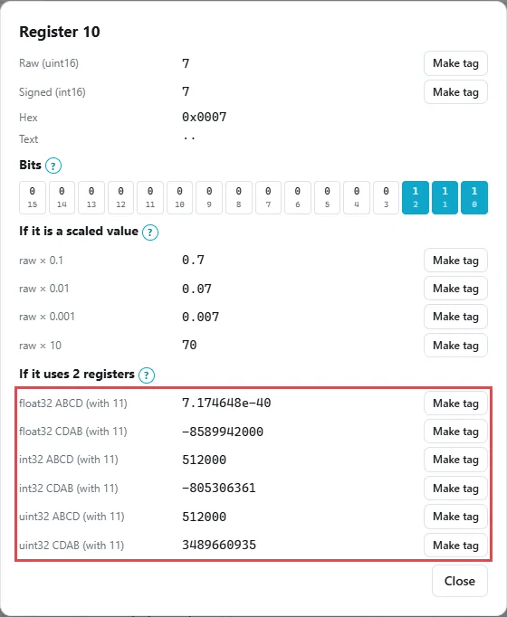 ModLens register inspector for input register 10: raw 7, and under If it uses 2 registers, int32 ABCD and uint32 ABCD both show 512000 while uint32 CDAB shows 3489660935