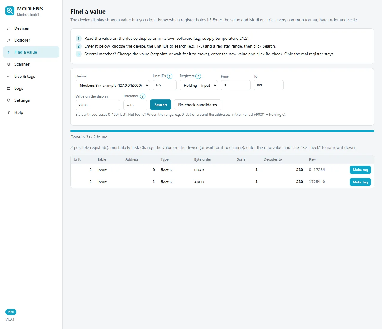 ModLens Find a value results for 230.0 on unit IDs 1 to 5: two candidates, input register 0 float32 CDAB raw 0 17254 and input register 1 float32 ABCD raw 17254 0, both decoding to 230