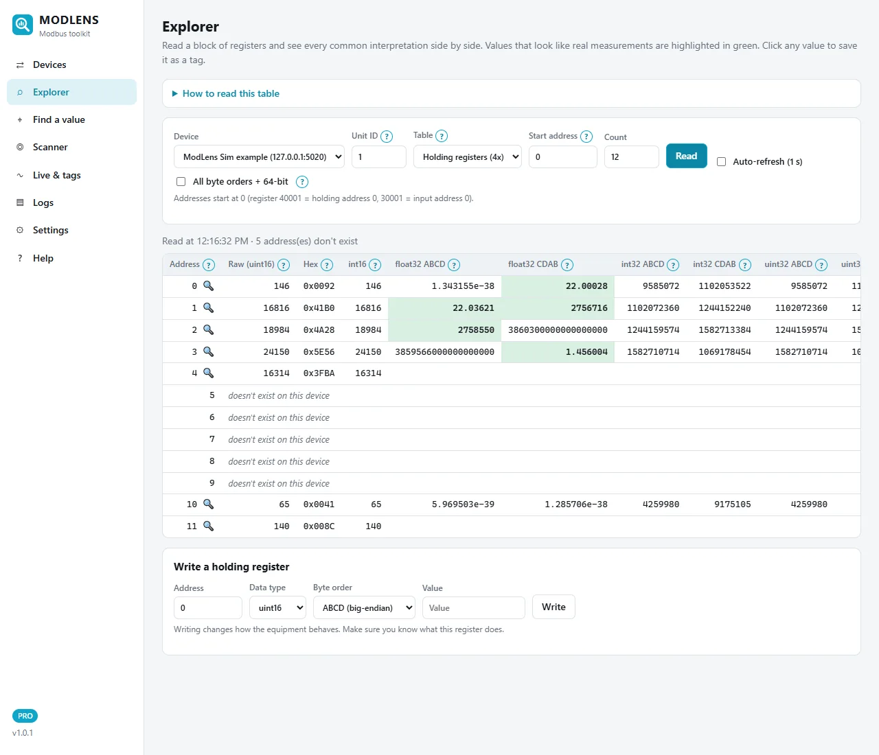 ModLens Explorer reading holding registers 0 to 11 of the AHU controller on unit 1: address 0 raw 145, address 1 float32 ABCD 21.79, address 3 float32 CDAB 1.43, addresses 5 to 9 do not exist, address 10 raw 65 and address 11 raw 140
