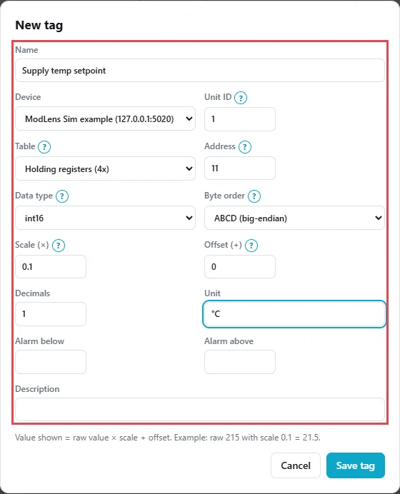 ModLens New tag form for unit ID 1, holding register 11, data type int16, byte order ABCD, scale 0.1, offset 0, 1 decimal and unit °C, named Supply temp setpoint