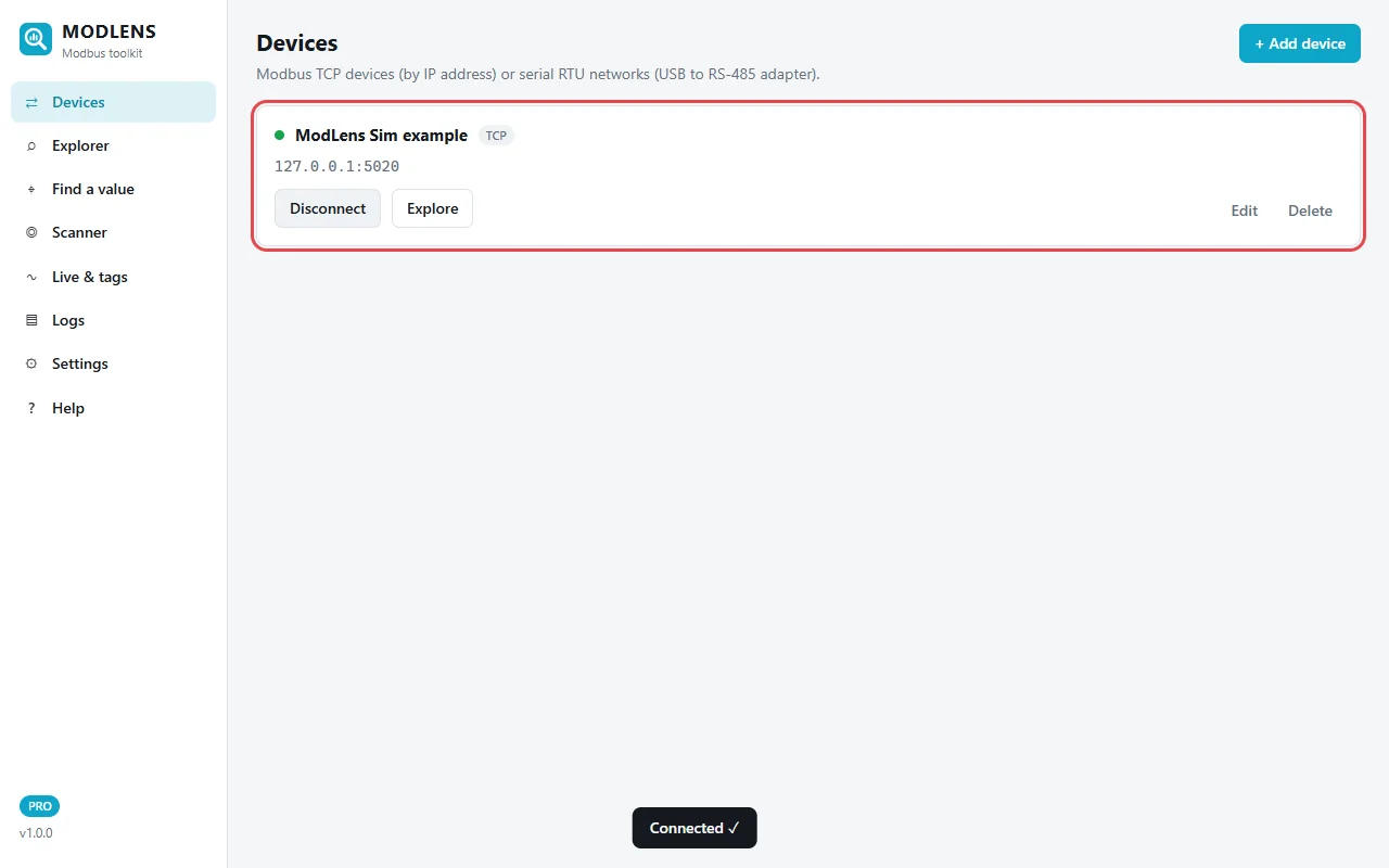 ModLens Devices page: the ModLens Sim example device at 127.0.0.1:5020 is connected, with a green status dot