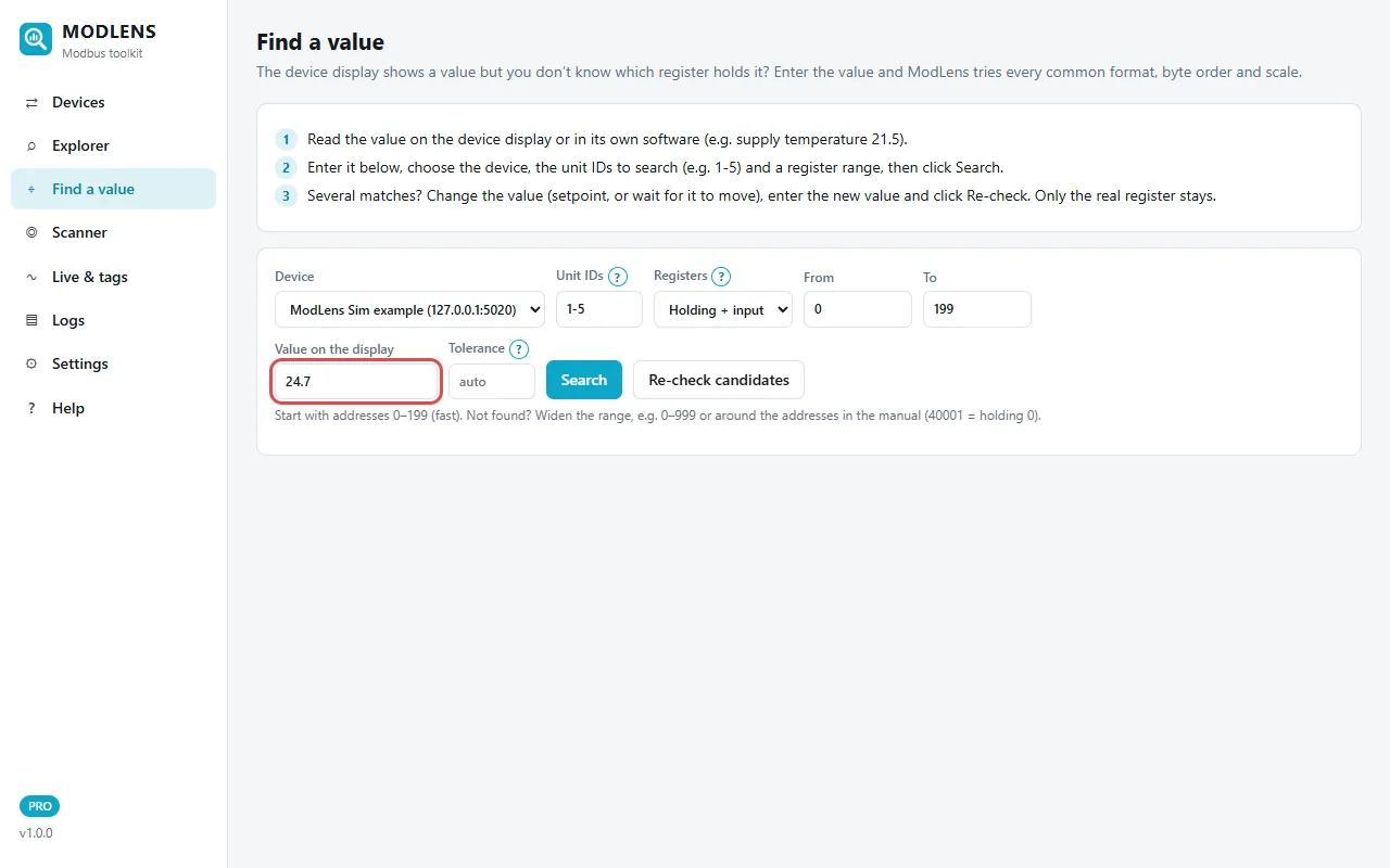 ModLens Find a value: the display value 24.7 typed in, searching unit IDs 1-5, holding and input registers 0 to 199