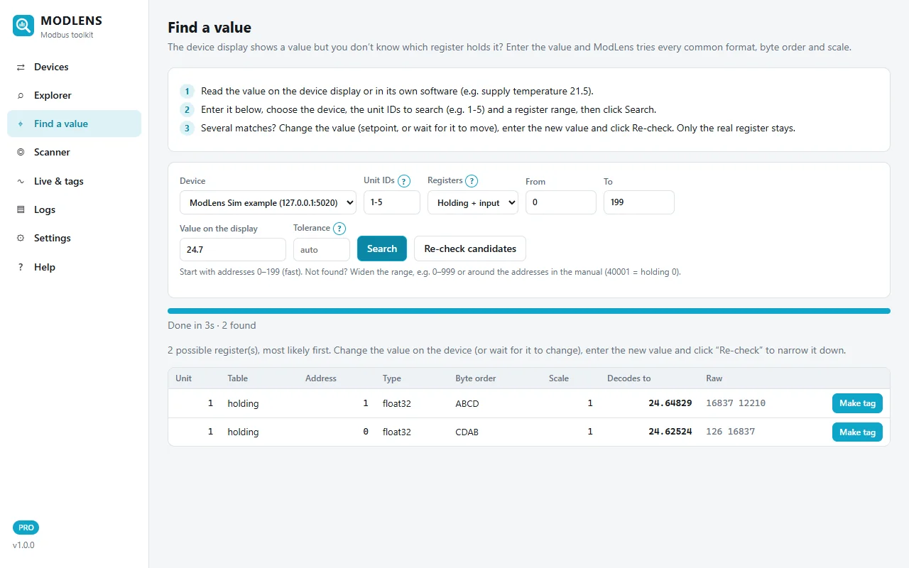 ModLens Find a value results: 2 possible registers, holding 1 float32 ABCD decoding to 24.64829 and holding 0 float32 CDAB decoding to 24.62524