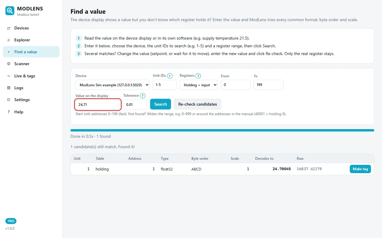 ModLens Find a value after Re-check: 1 candidate still matches, holding register 1, float32, ABCD, decoding to 24.70545