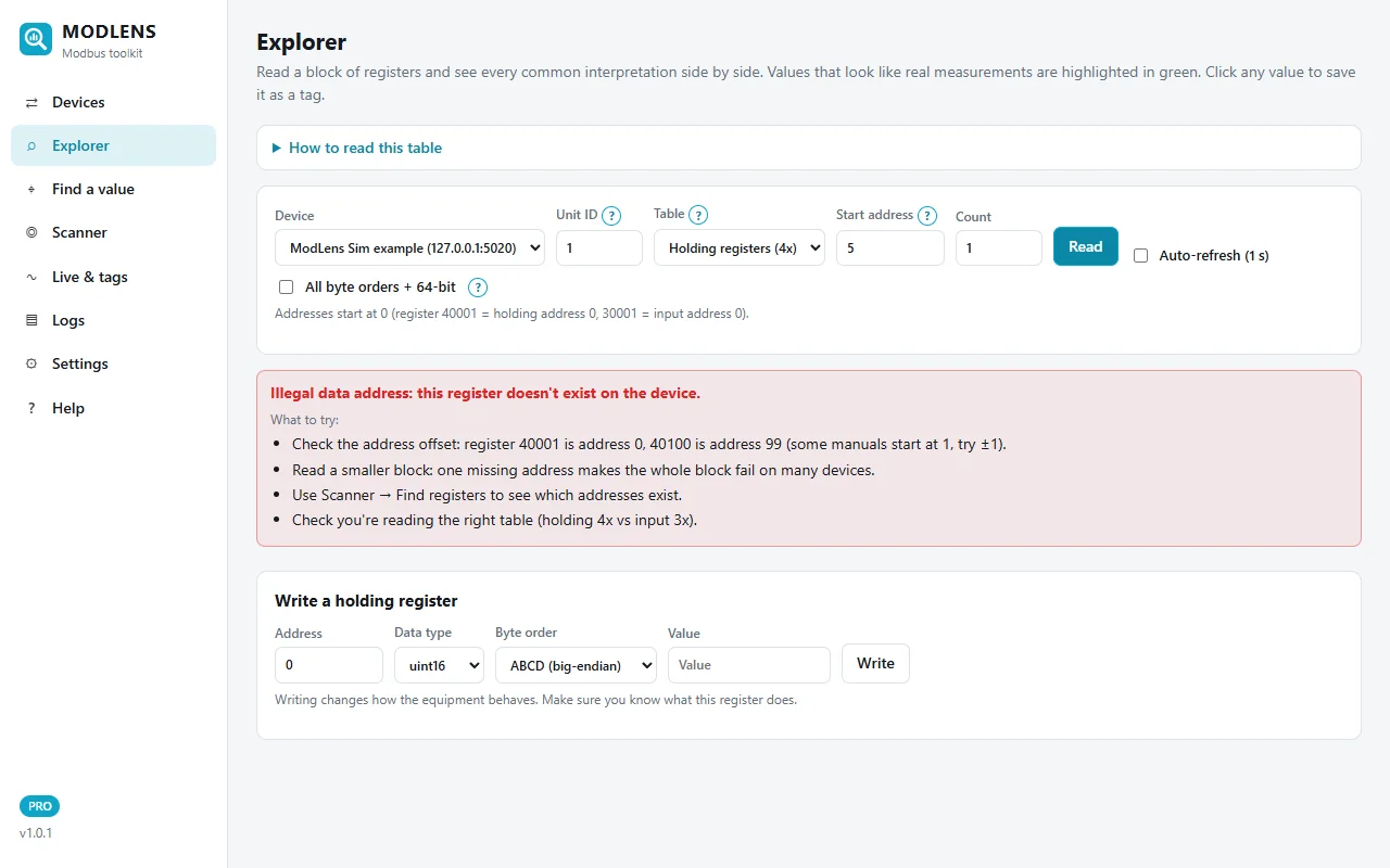 ModLens Explorer reading holding address 5 with count 1 on unit 1: the red box says "Illegal data address: this register doesn't exist on the device" with a What to try list