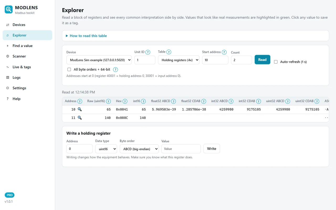 ModLens Explorer reading holding registers 10 and 11: register 10 = 65 (fan speed command) and register 11 = 140 (setpoint 14.0 with scale 0.1), no error