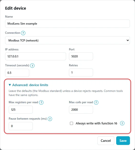 ModLens Edit device window with the Advanced: device limits section open: Max registers per read 125, Max coils per read 2000, Pause between requests 0 ms, Always write with function 16