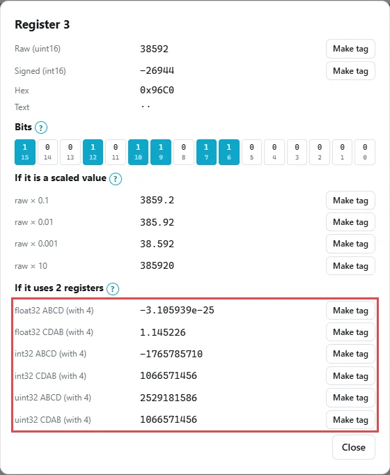ModLens register inspector for register 3 showing float32 ABCD -3.1e-25 and float32 CDAB 1.145, plus int32 and uint32 in both orders