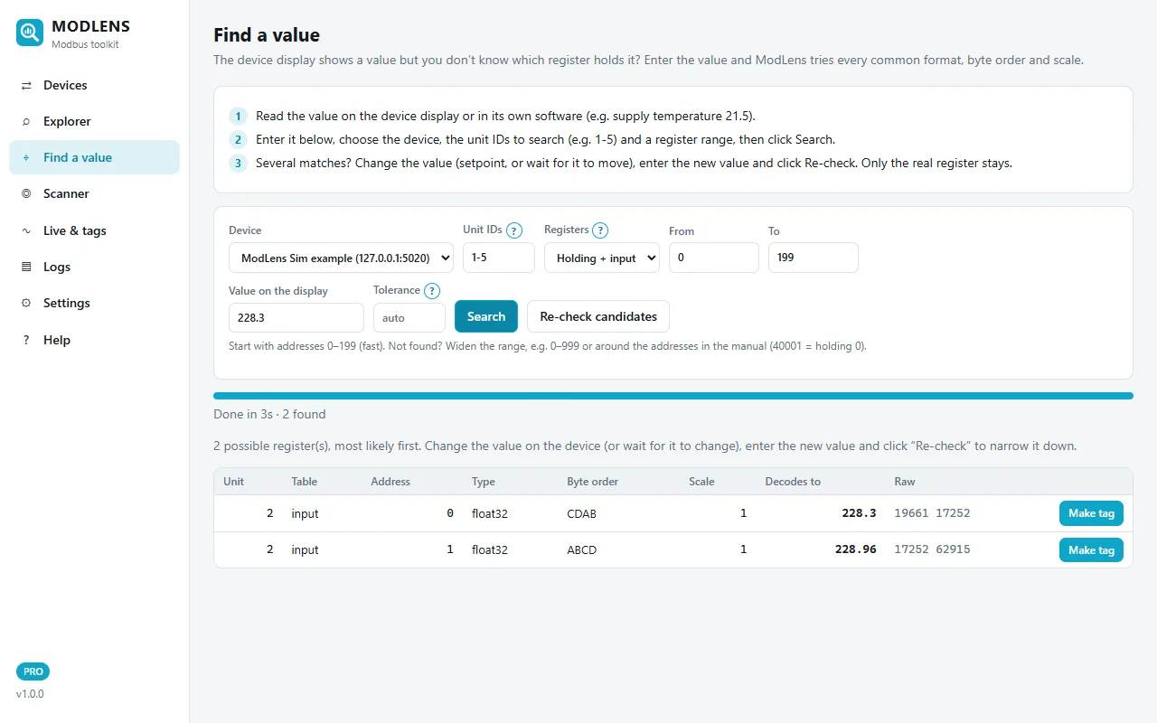 ModLens Find a value results for 228.3: input register 0 float32 CDAB decodes to 228.3, and input register 1 float32 ABCD decodes to 228.96