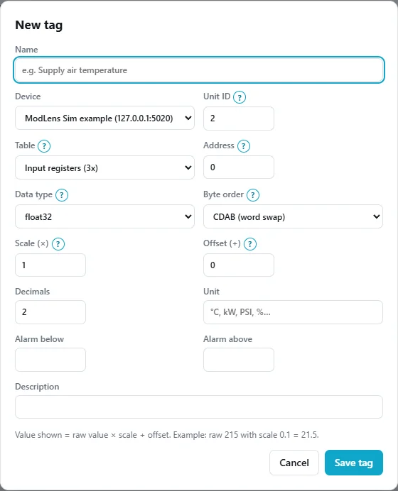 ModLens New tag form filled with unit ID 2, input registers, address 0, data type float32 and byte order CDAB (word swap)