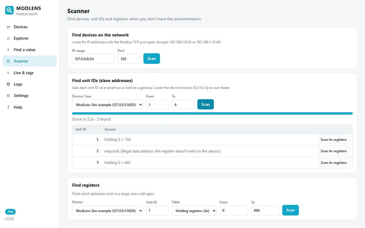ModLens Scanner: Find unit IDs found units 1, 2 and 3 behind the gateway