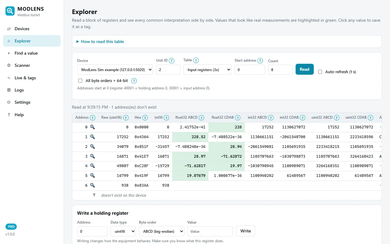 ModLens Explorer: the same input registers decoded in every format side by side, the float32 CDAB column shows the meter voltage