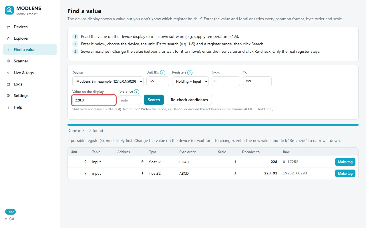 ModLens Find a value: typing 228.0 finds input register 0 as float32 CDAB first