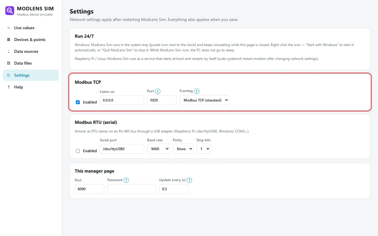 ModLens Sim settings page with the Modbus TCP card (port 5020, standard framing) outlined above the Modbus RTU serial card