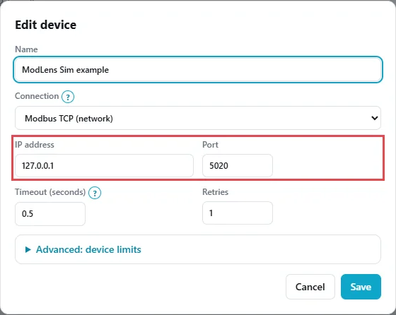 ModLens Edit device dialog with Connection set to Modbus TCP and the IP address 127.0.0.1 and port 5020 outlined