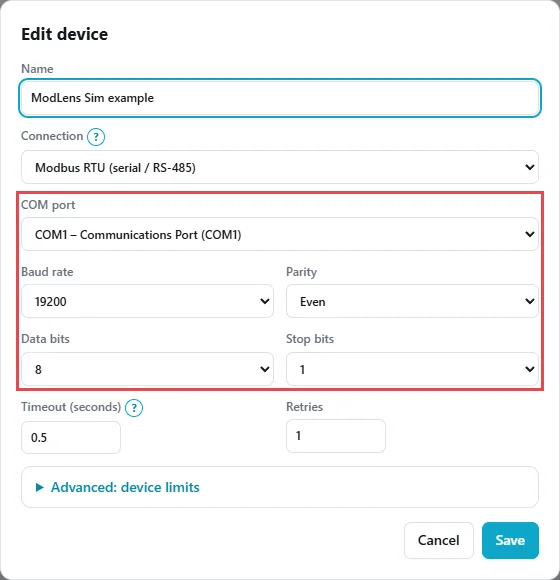 ModLens Edit device dialog with Connection set to Modbus RTU, showing COM port, baud rate 19200, parity Even, 8 data bits and 1 stop bit outlined