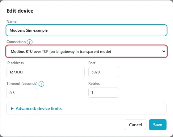 ModLens Edit device dialog with Connection set to Modbus RTU over TCP, serial gateway in transparent mode, with IP address and port fields
