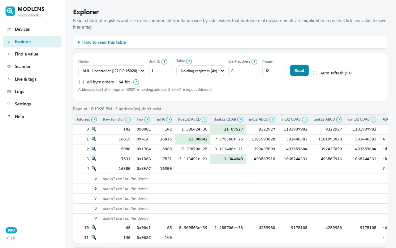 ModLens Explorer: Modbus registers decoded as int16, float32 and int32 in both byte orders, with real measurements highlighted