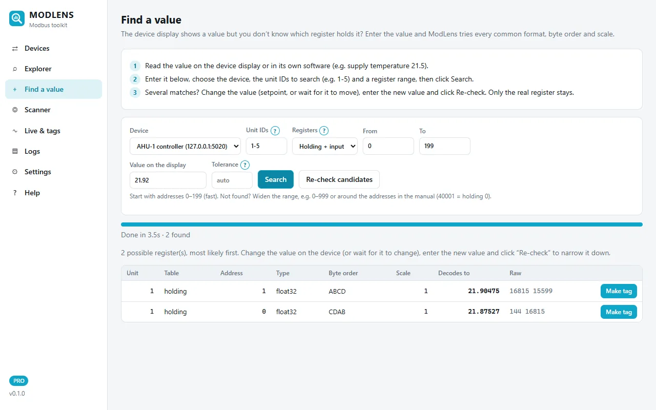ModLens Find a value: entering 21.18 finds holding register 1 as float32 ABCD