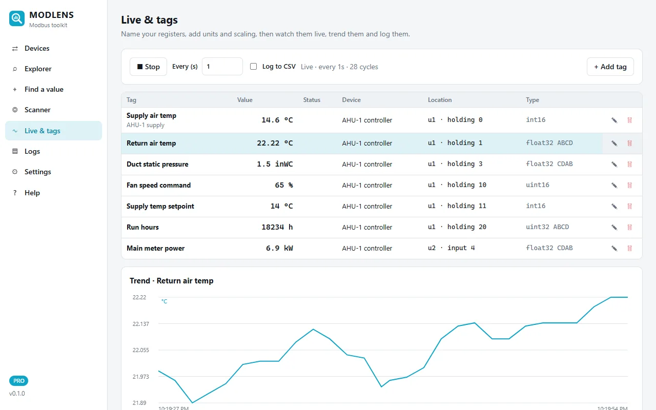 ModLens live tags with values, units and a trend chart