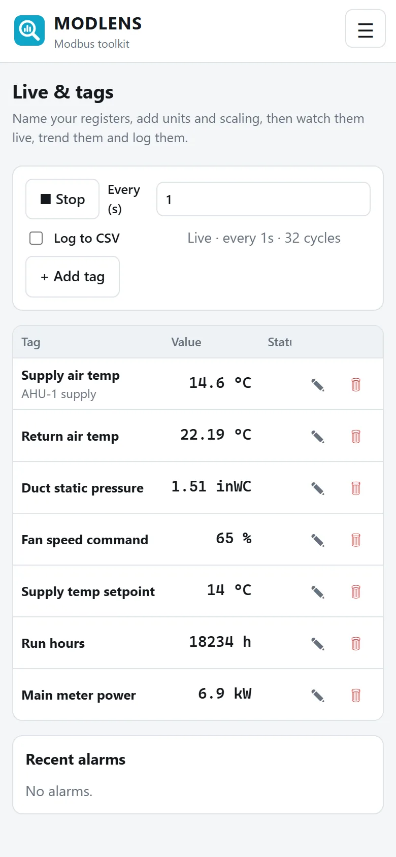 ModLens live values and trend on a phone