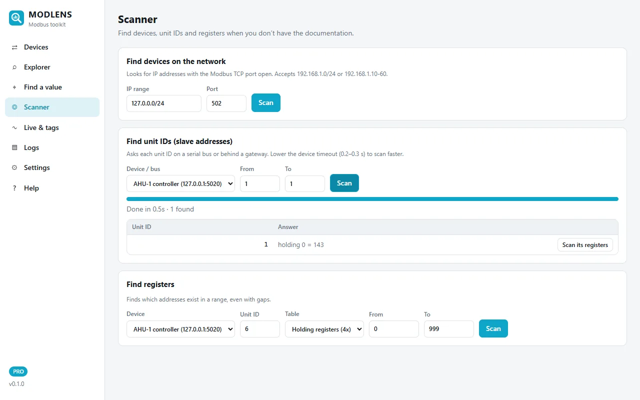 ModLens Scanner finding unit IDs on a Modbus network