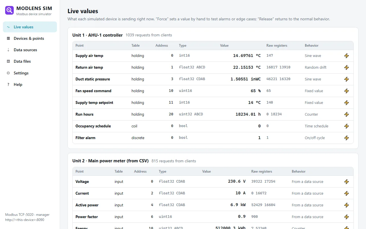 ModLens Sim manager showing simulated Modbus devices and live values