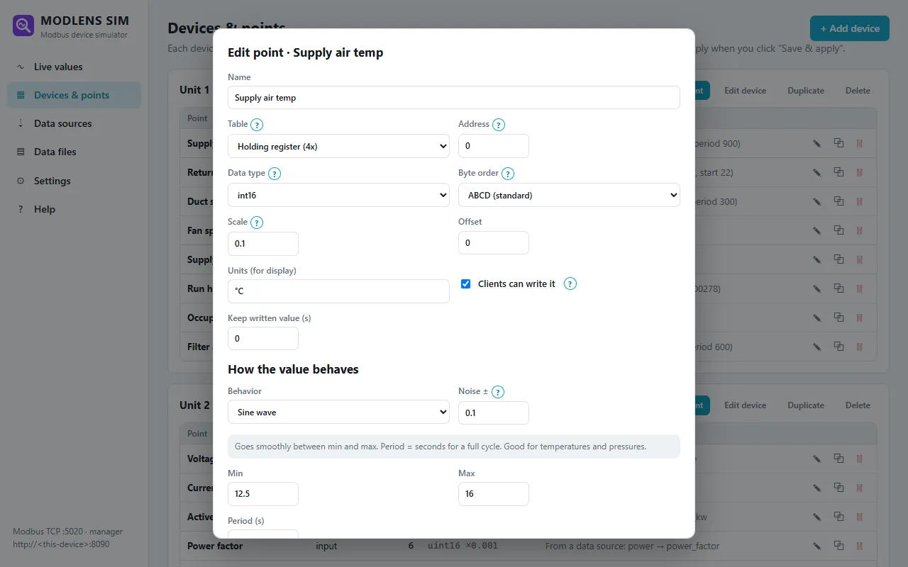 ModLens Sim point editor with data type, byte order, scale and value behavior