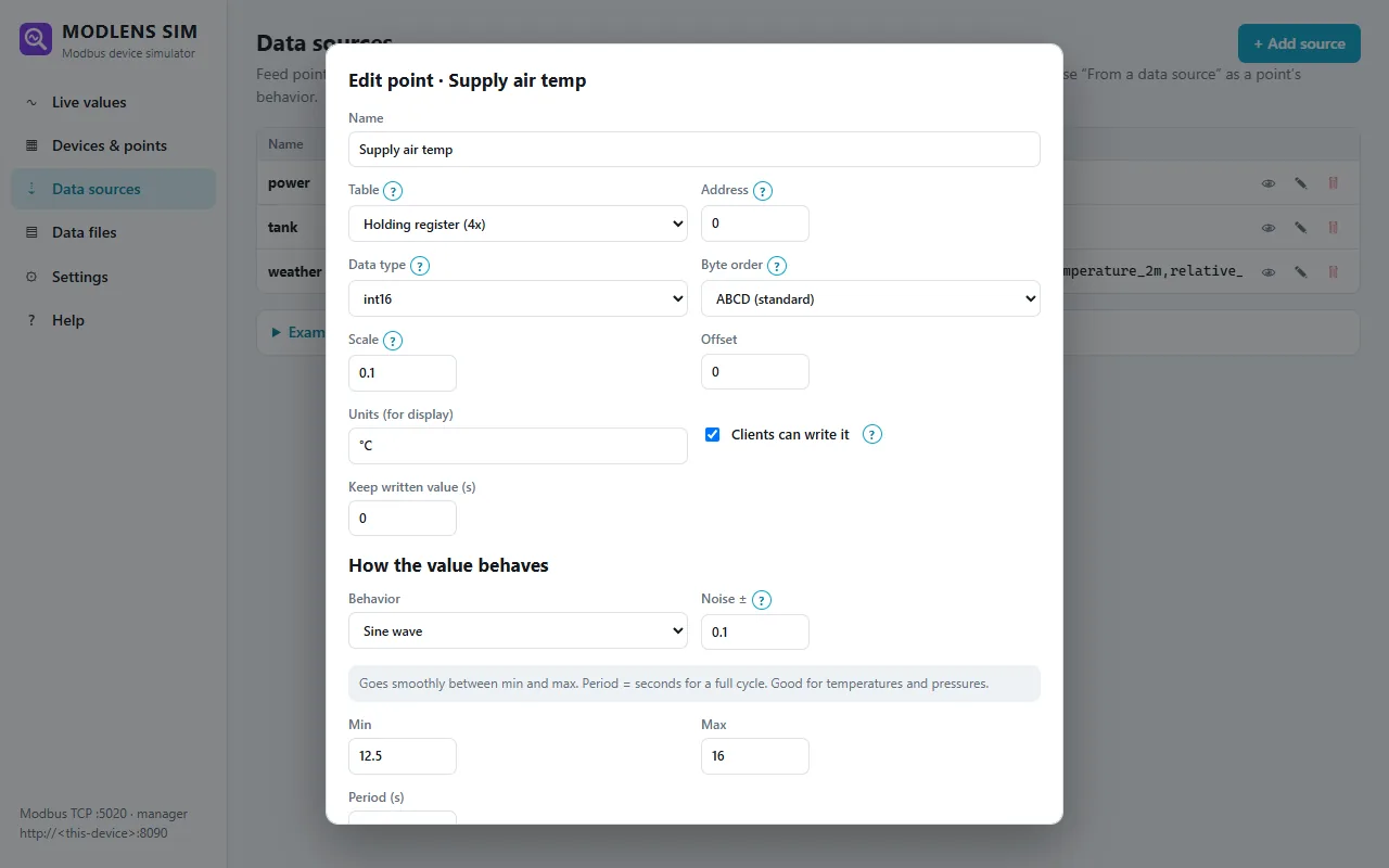 ModLens Sim data sources: CSV replay, JSON file and web API